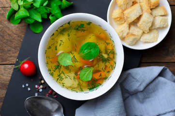 Vegetable Soup with Carrot, Bell Pepper, Potato, Leek and Herbs, Bowls of Healthy Vegetarian Soup