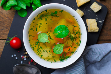 Vegetable Soup with Carrot, Bell Pepper, Potato, Leek and Herbs, Bowls of Healthy Vegetarian Soup