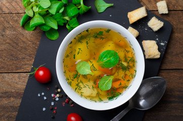 Vegetable Soup with Carrot, Bell Pepper, Potato, Leek and Herbs, Bowls of Healthy Vegetarian Soup