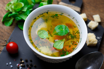 Vegetable Soup with Carrot, Bell Pepper, Potato, Leek and Herbs, Bowls of Healthy Vegetarian Soup
