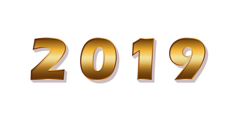 Happy New Year background. Gold 3D number 2019 isolated on white. Bright golden design for greeting card, Christmas banner, holiday celebration, decoration poster, calendar. Vector illustration