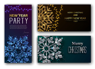 Merry Christmas and Happy New Year greeting cards and party invitation card with shiny snowflake.