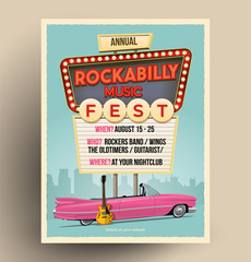 Rockabilly music festival or party or concert promo poster. Flyer template. Vintage vector illustration. - obrazy, fototapety, plakaty