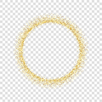 Gold circle glitter frame. Golden confetti dots round, white transparent background. Bright texture pattern for Christmas celebration party, New Year card border. Abstract design. Vector illustration
