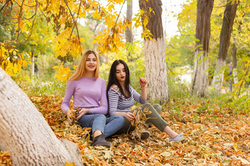 Summer autumn vacation, holidays, travel and people concept - group of young women in the park