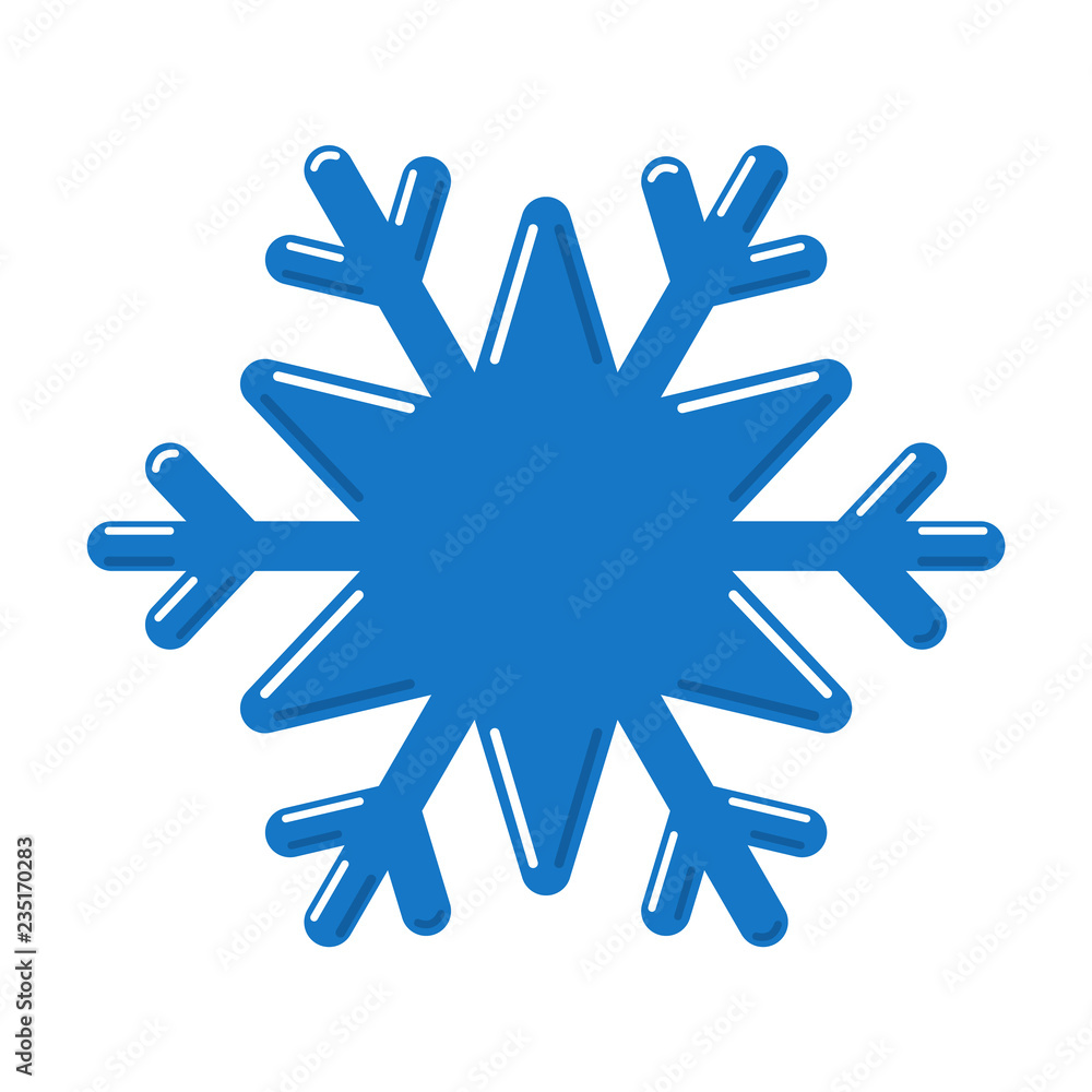 Wall mural Snowflake blue icon. Cartoon snow flake sign isolated on white background. Symbol of Christmas holiday, winter celebration. New Year silhouette pattern for decoration. Vector illustration