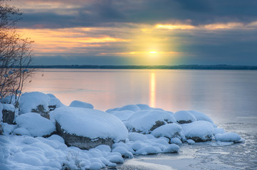 Winter landscape at the lake shore