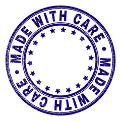 MADE WITH CARE stamp seal imprint with grunge texture. Designed with circles and stars. Blue vector rubber print of MADE WITH CARE tag with scratched texture.