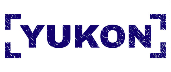 YUKON title seal imprint with grunge effect. Text title is placed between corners. Blue vector rubber print of YUKON with grunge texture.