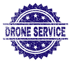 DRONE SERVICE stamp seal watermark with distress style. Blue vector rubber print of DRONE SERVICE label with unclean texture.