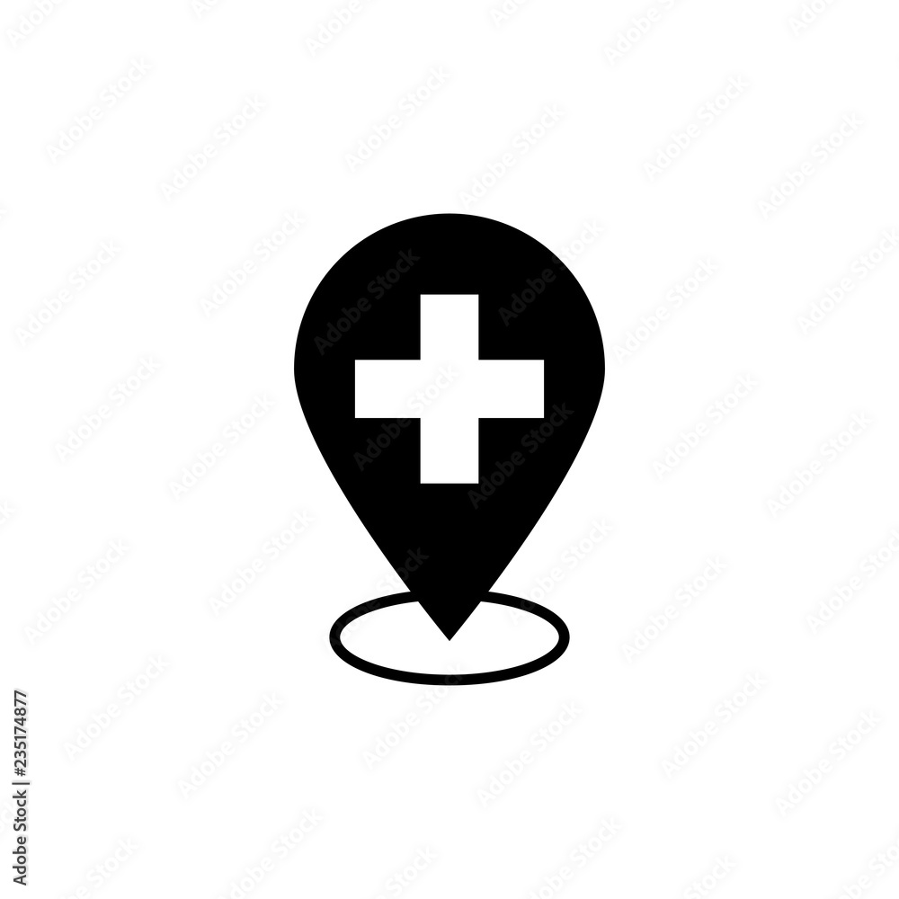 Poster map pointer icon with cross hospital symbol position