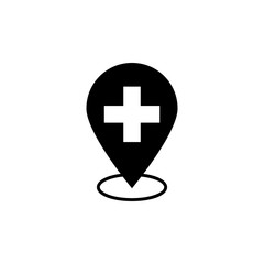 map pointer icon with cross hospital symbol position