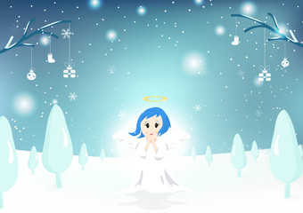 Angel, cute character, Merry Christmas, greeting card, snow falling fantasy winter poster, background holiday vector illustration