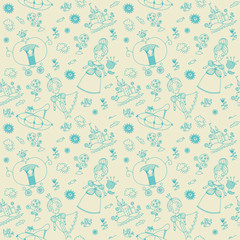 Vector seamless background. Seamless pattern. Cinderella. Hand drawn background with many details. Template for children. Design with prince, princess, flowers, castle, tree, sea.