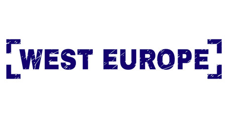 WEST EUROPE text seal print with distress texture. Text title is placed inside corners. Blue vector rubber print of WEST EUROPE with unclean texture.