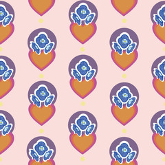 Pink geometric repeat pattern with orange heart and blue flowers. Retro colours. Surface pattern design.
