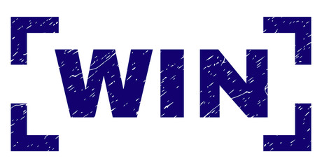 WIN text seal print with grunge effect. Text caption is placed inside corners. Blue vector rubber print of WIN with unclean texture.