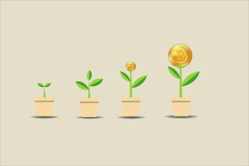 4 Plant in pots with green leaves and dollar coin as a flower. Growing process vector icon. Income growth flat icon. Isolated on white. Economy, finance, money symbol. Currency pictogram.