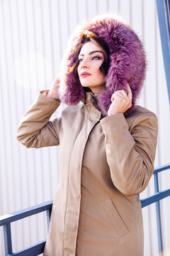 woman serious female model portrait pink jacket young girl enjoy background autumn winter black friday pelage fur biggin