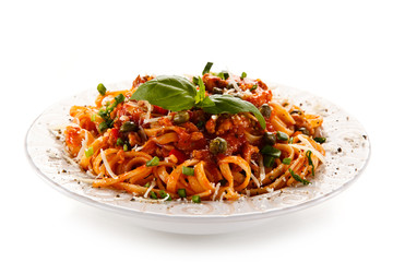 Pasta with bolognese sauce on white background