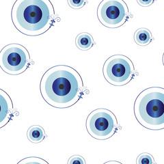 seamless pattern with artistic blue evil eye vector on white background