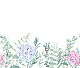 Watercolor seamless  pattern with eucalyptus branch, fern and hydrangea. Hand drawn botanical illustration. Floral background