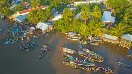 AERIAL Spectacular view of local Vietnamese people occupying the floating market