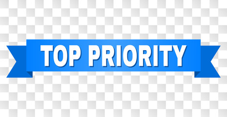 TOP PRIORITY text on a ribbon. Designed with white title and blue stripe. Vector banner with TOP PRIORITY tag on a transparent background.