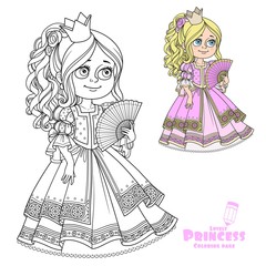 Beautiful princess with fan in hand color and outline for coloring isolated on white background