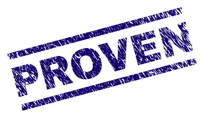 PROVEN seal watermark with distress style. Blue vector rubber print of PROVEN title with grunge texture. Text title is placed between parallel lines.