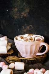 Good New Year spirit. Coffee with marshmallows and cinnamon. Pink mug. Cooking yourself. Photos for coffee. Home comfort. New Year. Christmas time. Winter mood.
