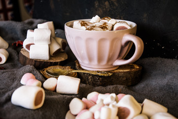 Good New Year spirit. Coffee with marshmallows and cinnamon. Pink mug. Cooking yourself. Photos for coffee. Home comfort. New Year. Christmas time. Winter mood.
