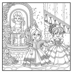 Two beautiful princesses communicate with fans near fountain Cupid with a jug rose overlaid in a secluded corner of the palace park outlined for coloring