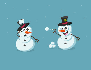 Funny illustration of cute snowman figures with snowballs. Flat design style isolated on light blue background.
