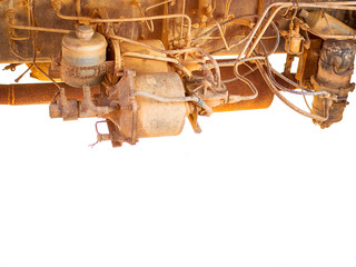 Old rusty diesel engine on truck. dirty engine room of old car isolate on white background.