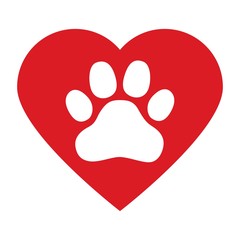 dog paw in red heart on white background