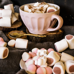 Good New Year spirit. Coffee with marshmallows and cinnamon. Pink mug. Cooking yourself. Photos for coffee. Home comfort. New Year. Christmas time. Winter mood.