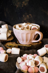 Fototapeta na wymiar Good New Year spirit. Coffee with marshmallows and cinnamon. Pink mug. Cooking yourself. Photos for coffee. Home comfort. New Year. Christmas time. Winter mood.