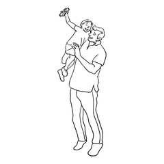 Father is playing with his son. Family time vector illustration, concept of happy parenting and childhood. Line art style