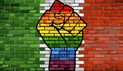 LGBT Protest Fist on a Italy brick Wall Flag - Illustration, 
Brick Wall Italy flag and Gay flags