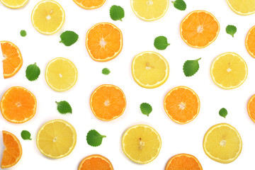 Fototapeta na wymiar Slices of orange or tangerine and lemon with mint leaves isolated on white background. Flat lay, top view