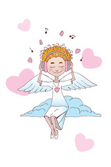 Valentine's Day greeting card for print. Angel sitting on a cloud on the background of hearts and music. Listen to music.