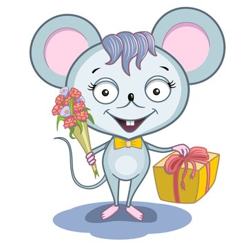 cartoon mouse with a gift and flowers
