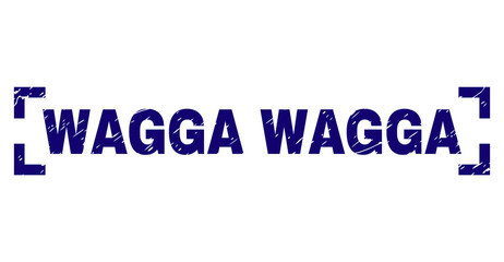 WAGGA title seal print with grunge style. Text title is placed inside corners. Blue vector rubber print of WAGGA with grunge texture.