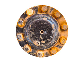 Old rusty car wheel rim and bolt isolate on white background. Dirty nut screws inner track with oil in the metal part of machine. Concepts about car engine and machinery.