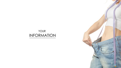 Woman in jeans is thin big size weight loss centimeter pattern on a white background isolation