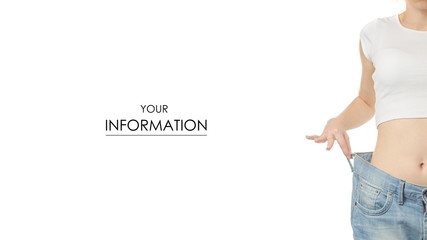 Woman in jeans is thin big size weight loss centimeter pattern on a white background isolation