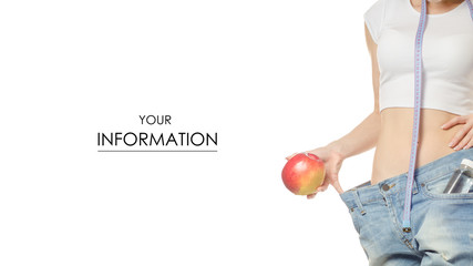 Woman in jeans is thin big size weight loss centimeter apple pattern on a white background isolation