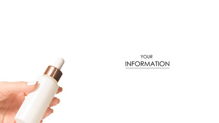 Bottle with cosmetics serum hyaluronic acid in hand pattern on a white background isolation