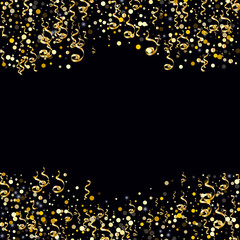 Golden serpentine and confetti on a black background Creative design of wallpaper, background, cover, printing, packaging